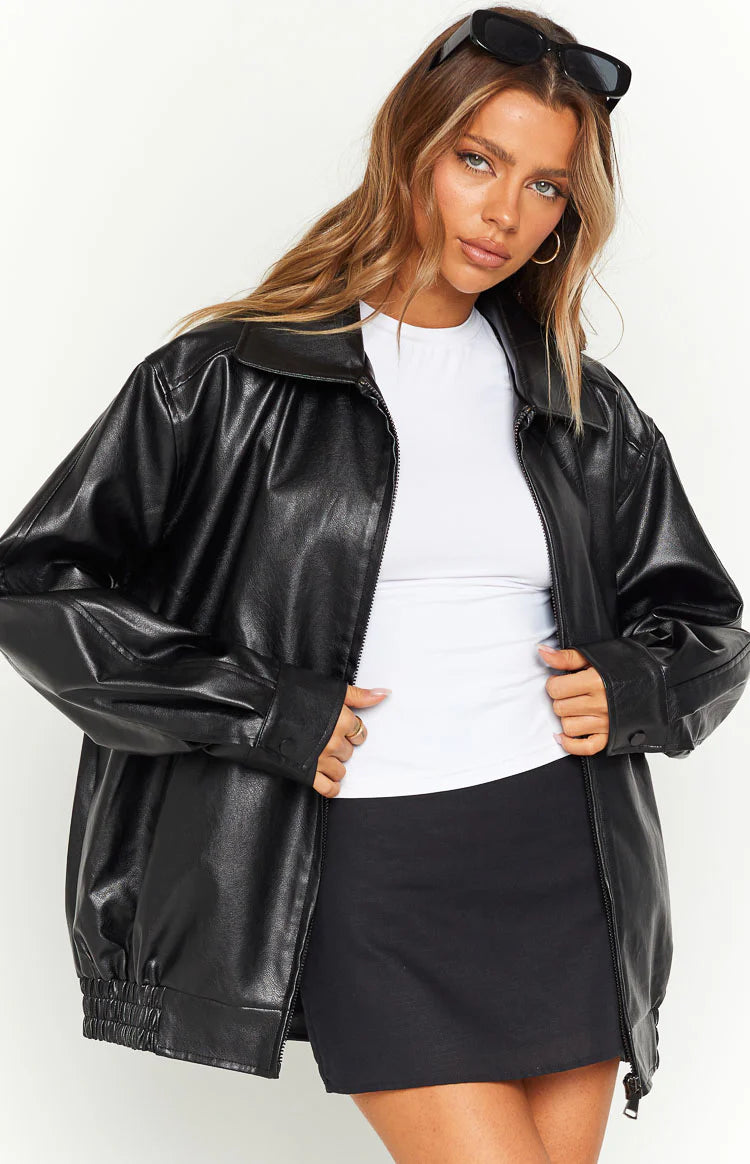 Abbi PU Bomber Jacket in Black