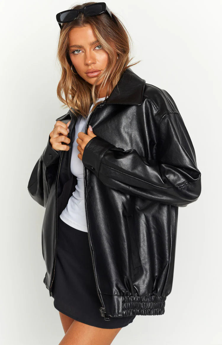 Abbi PU Bomber Jacket in Black