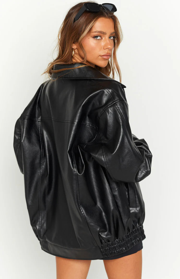 Abbi PU Bomber Jacket in Black