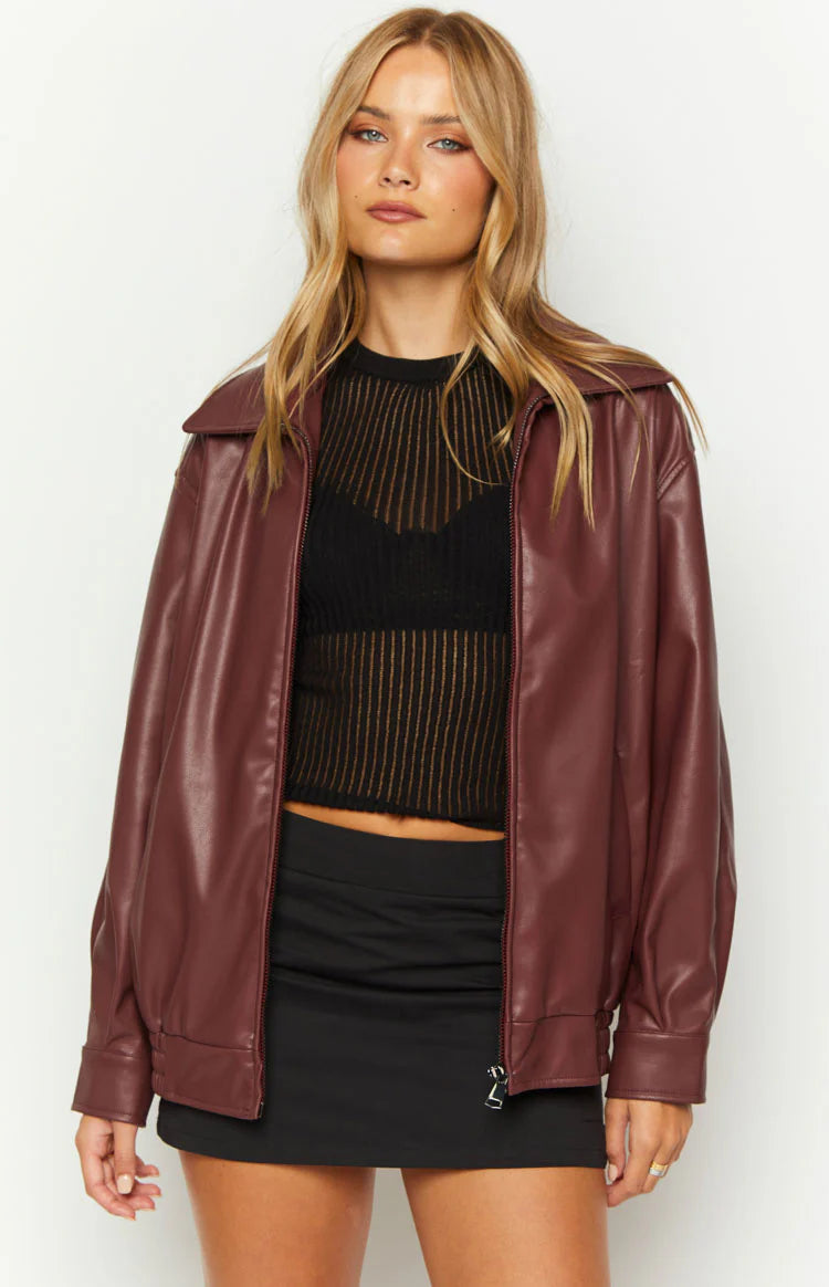 Abbi PU Bomber Jacket in Red