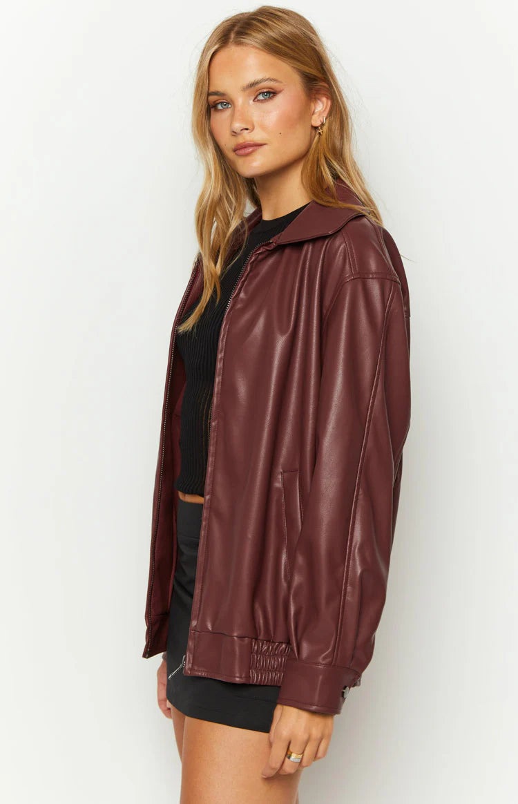 Abbi PU Bomber Jacket in Red