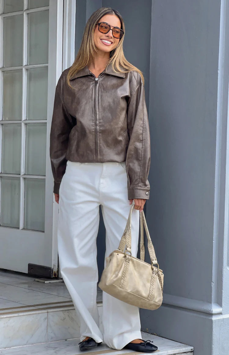 Abbi PU Bomber Jacket in Vintage Brown