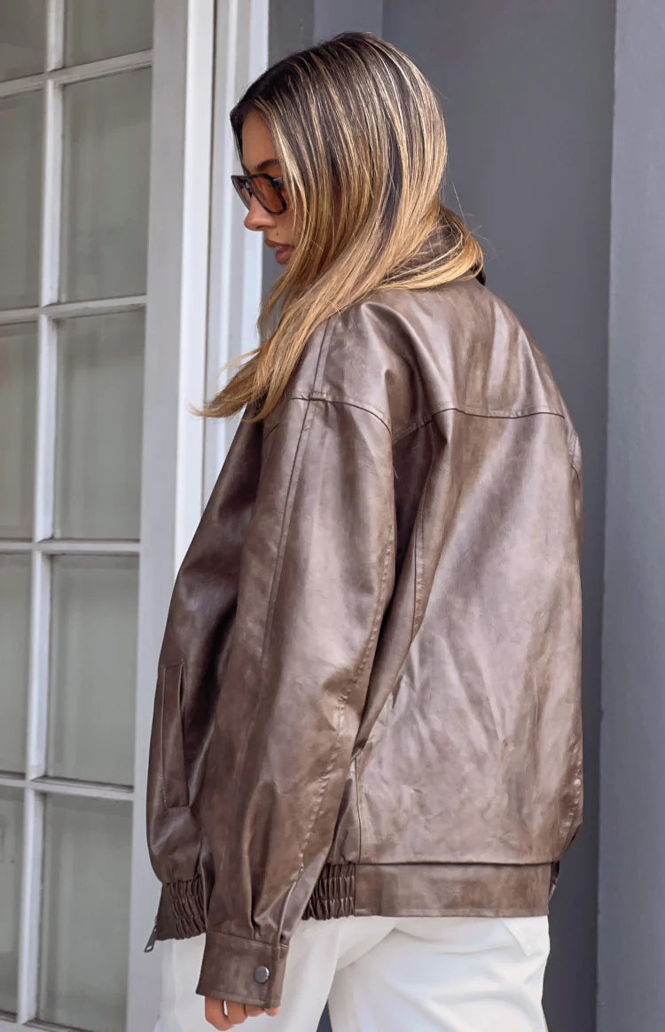 Abbi PU Bomber Jacket in Vintage Brown
