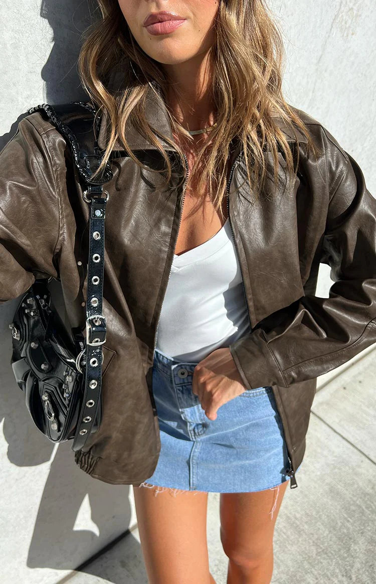 Abbi PU Bomber Jacket in Vintage Brown