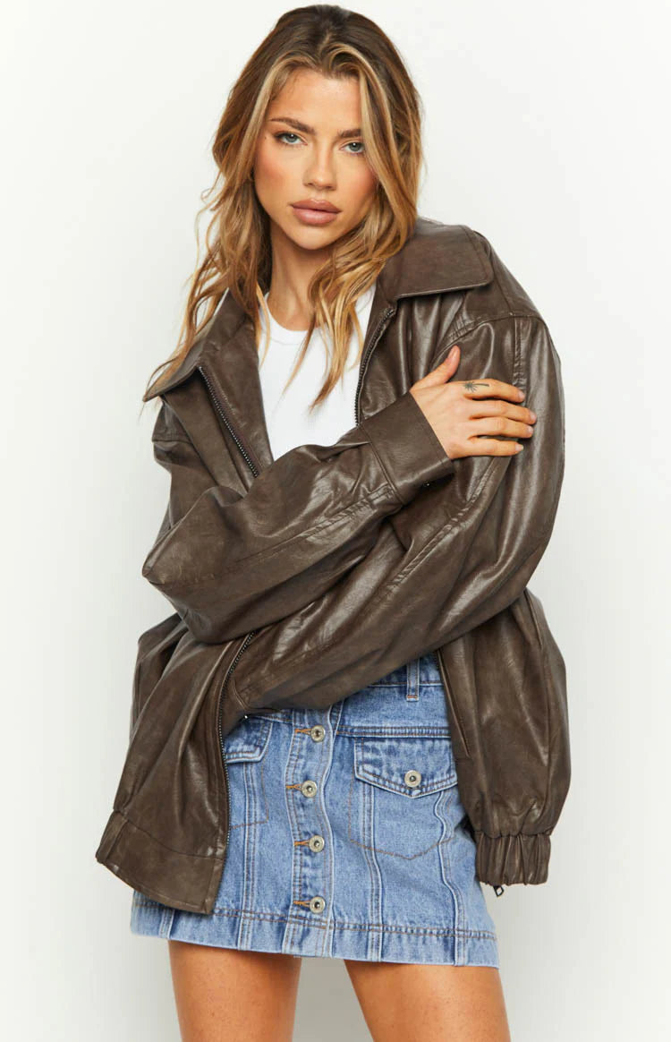 Abbi PU Bomber Jacket in Vintage Brown