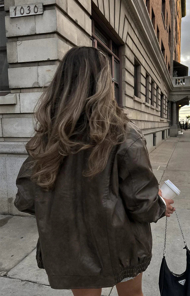 Abbi PU Bomber Jacket in Vintage Brown