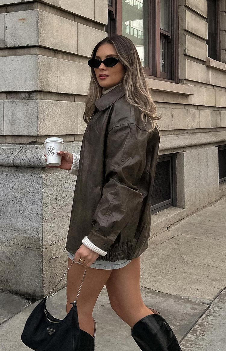 Abbi PU Bomber Jacket in Vintage Brown