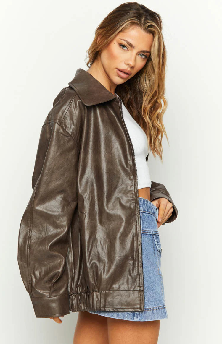 Abbi PU Bomber Jacket in Vintage Brown
