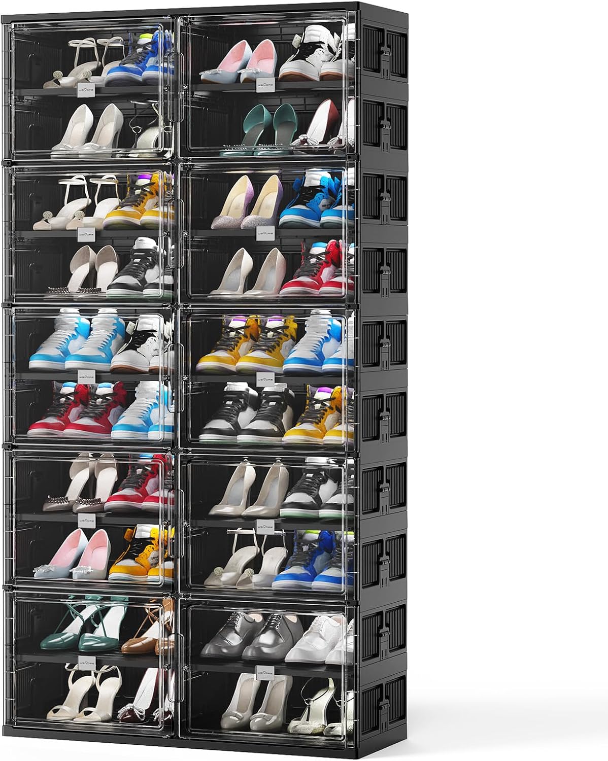10 Tiers 40 Pairs Hard Plastic Shoe Storage Organizer Cabinet for Entryway, Large Stackable Collapsible Sneaker Shoe Box Organizer for Closet, Portable Folding Shoe Cabinet with Doors, Black