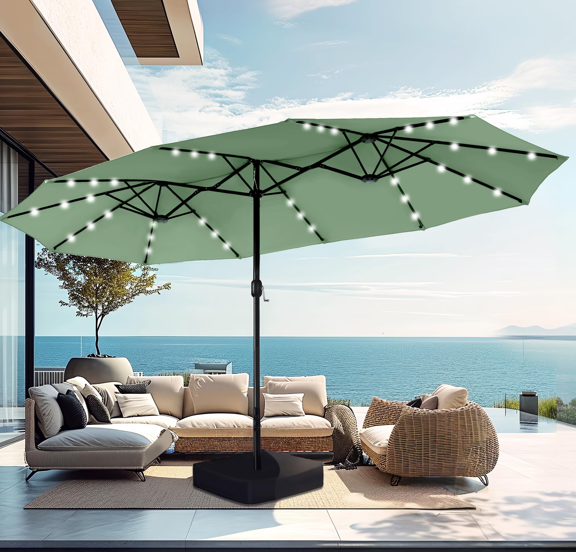 🔥🔥Limited Time Offer🔥🔥 15 ft Extra Large Patio Umbrella with 36 LED Lights, Metal Construction, Includes Base