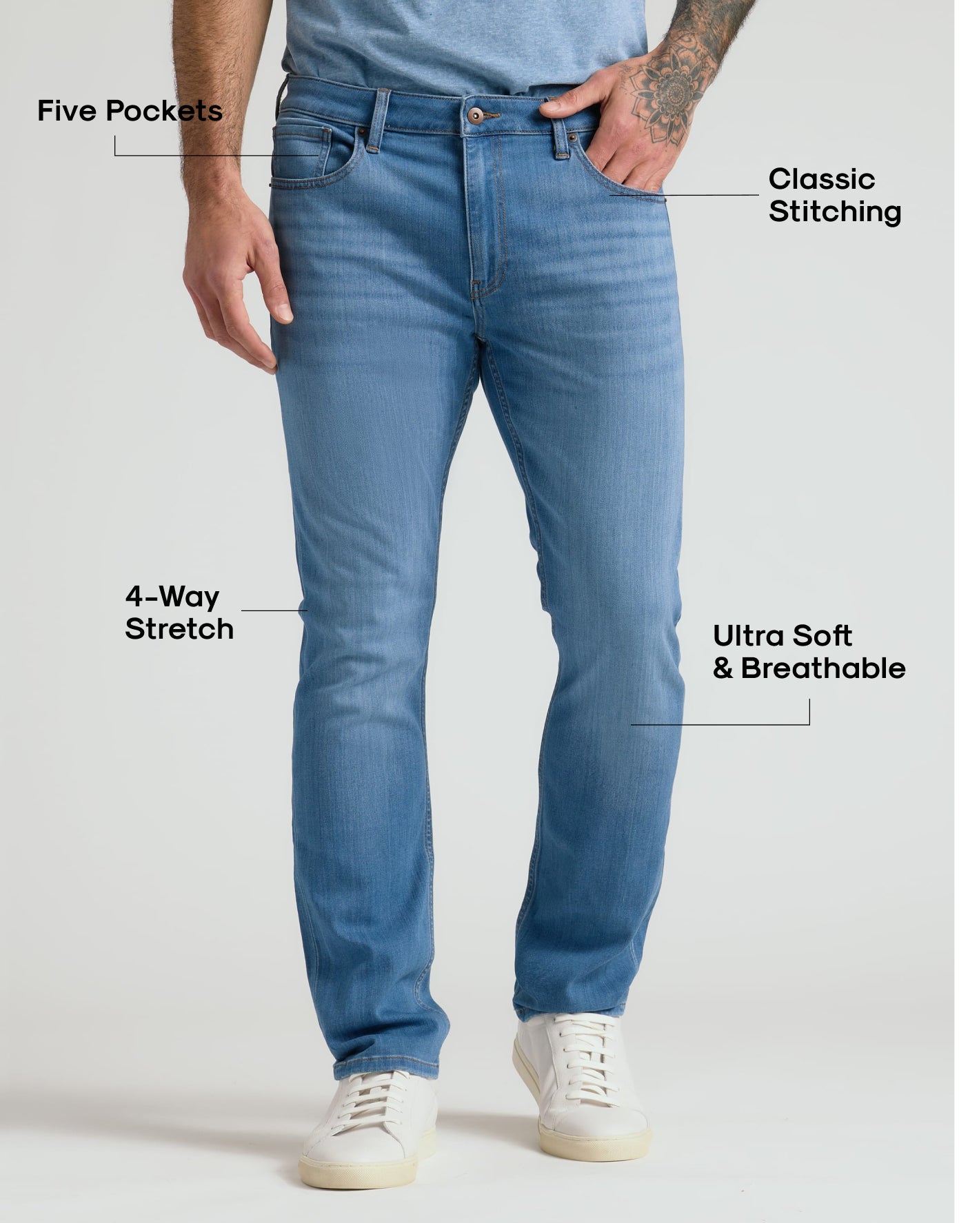 Men's straight fit high-stretch jeans in medium indigo wash - lifestyle side view