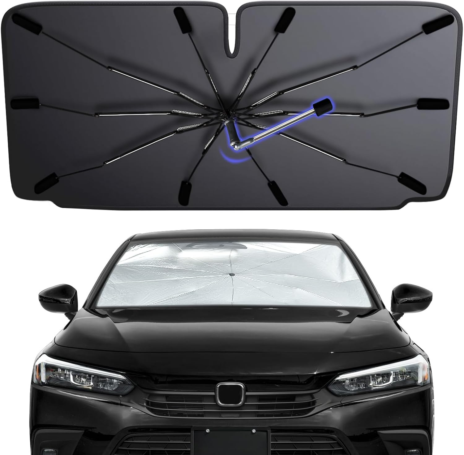 2025 Windshield Sun Shade Umbrella, Foldable Car Umbrella Sunshade with UV Block Car Front Window (Heat Insulation Protection) for Auto Windshield Covers Trucks Cars (Large)