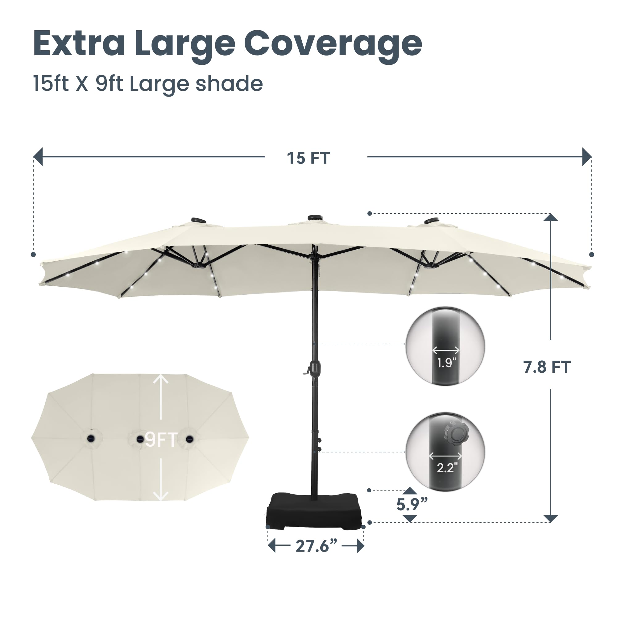🔥🔥Limited Time Offer🔥🔥 15 ft Extra Large Patio Umbrella with 36 LED Lights, Metal Construction, Includes Base