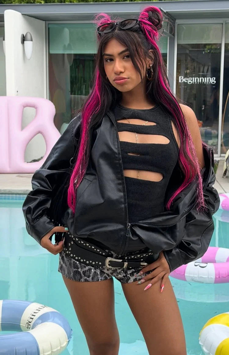 Abbi PU Bomber Jacket in Black