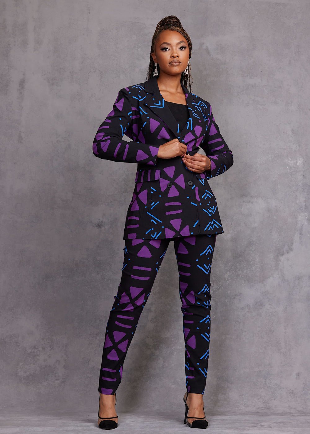 Women's African print stretch blazer in black purple mudcloth - product view 11