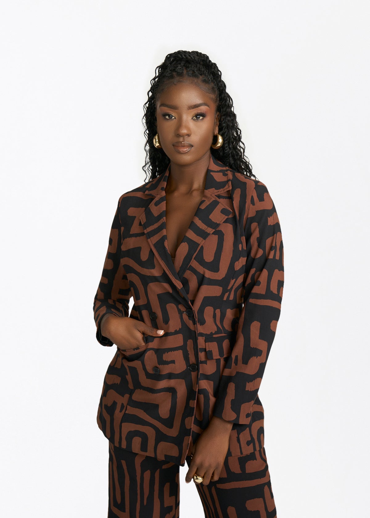 Women's African print stretch blazer in espresso geometric - product view 5