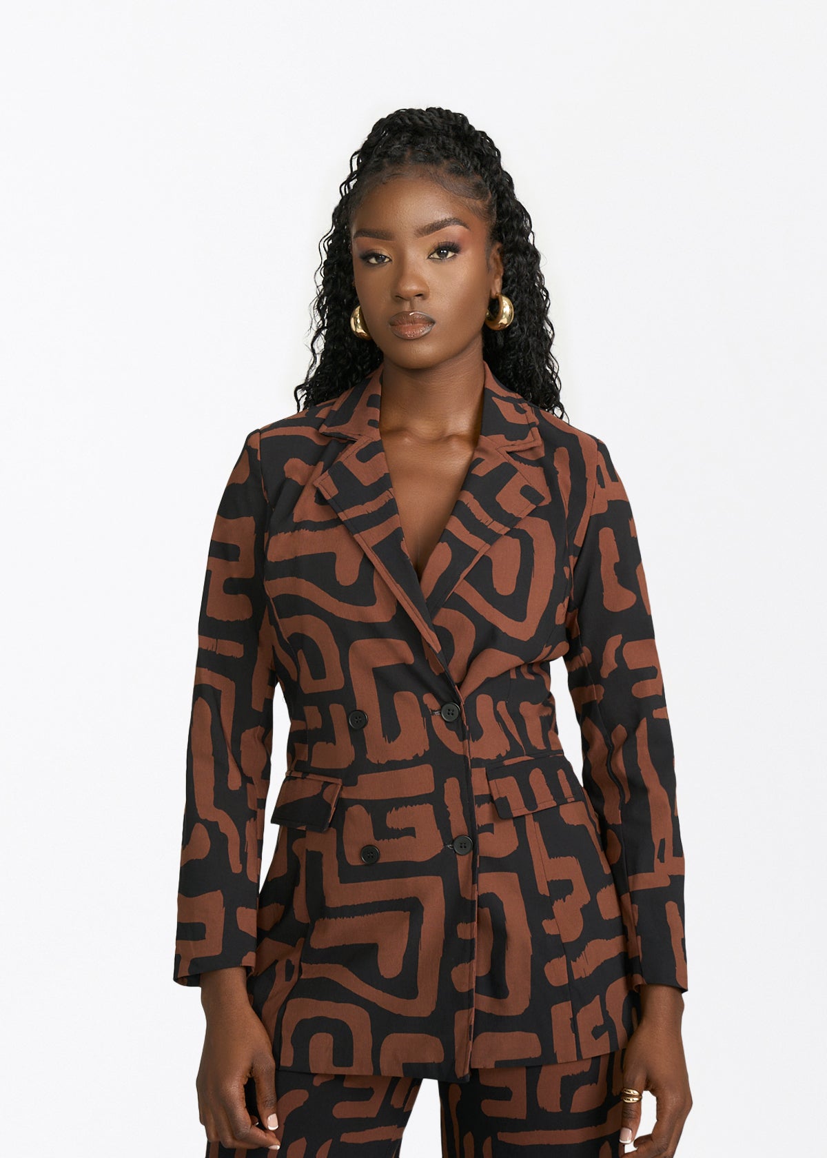 Women's African print stretch blazer in espresso geometric - product view 1