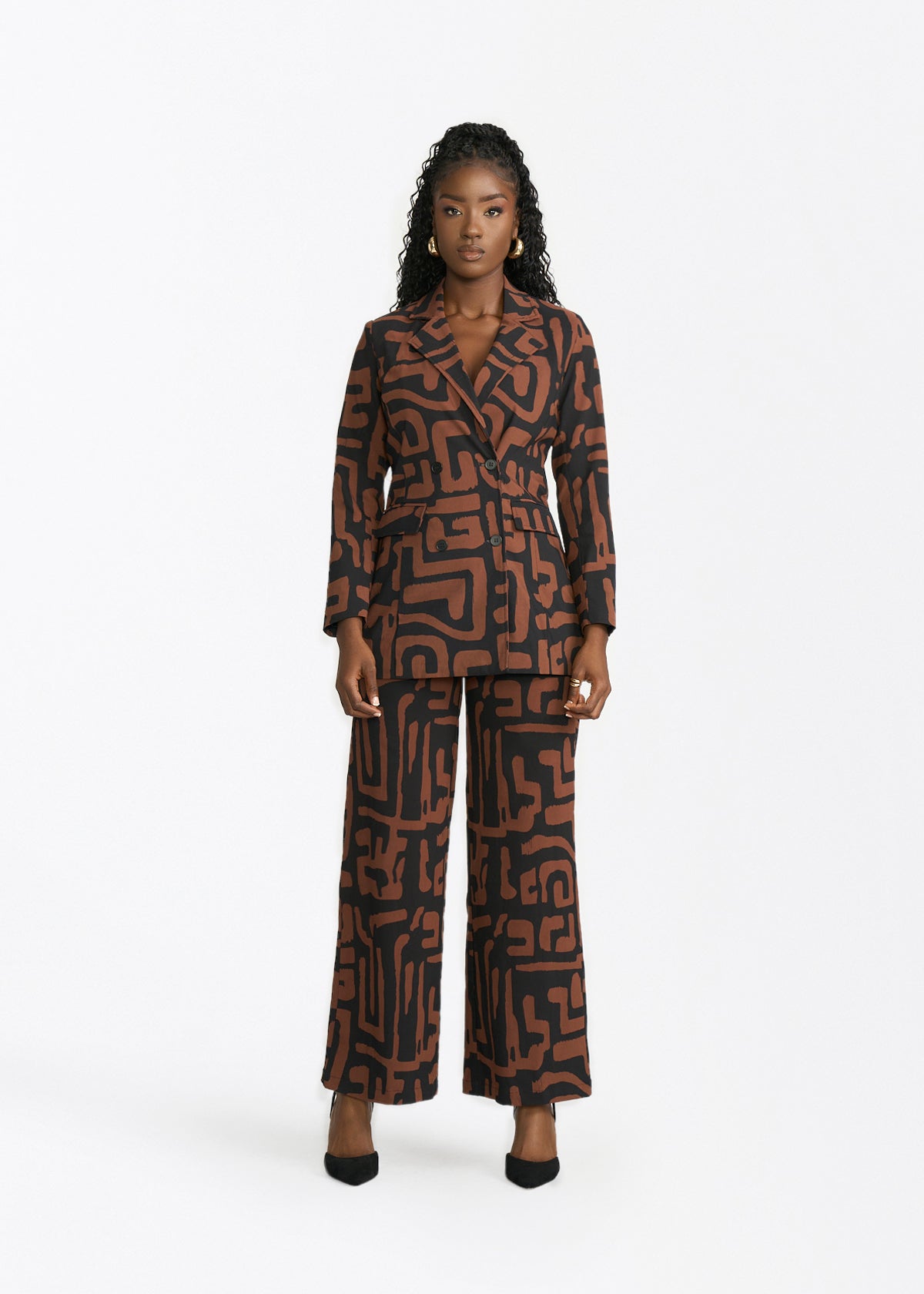 Women's African print stretch blazer in espresso geometric - product view 2
