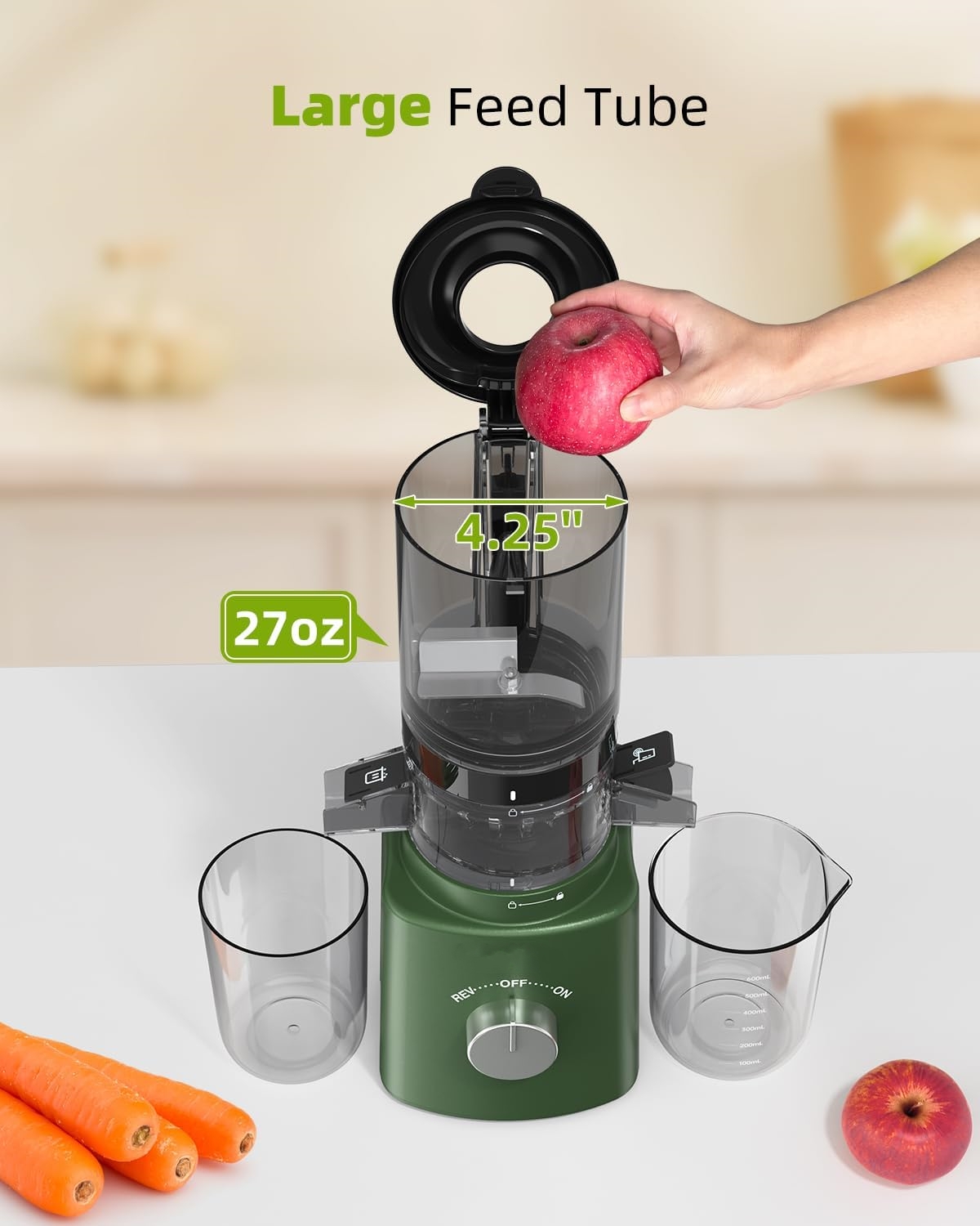 Cold Press Juicer with 8 Juice Bottles - Masticating Juicer Machines for Fruits and Veggies, 4.25" Large Feed Chute, Easy to Clean