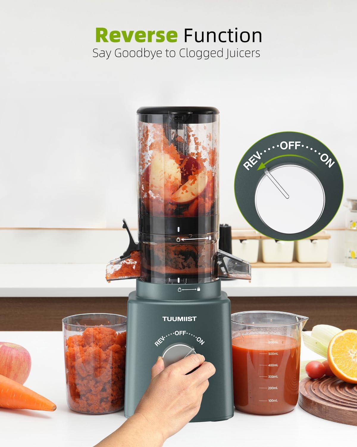 Cold Press Juicer with 8 Juice Bottles - Masticating Juicer Machines for Fruits and Veggies, 4.25" Large Feed Chute, Easy to Clean