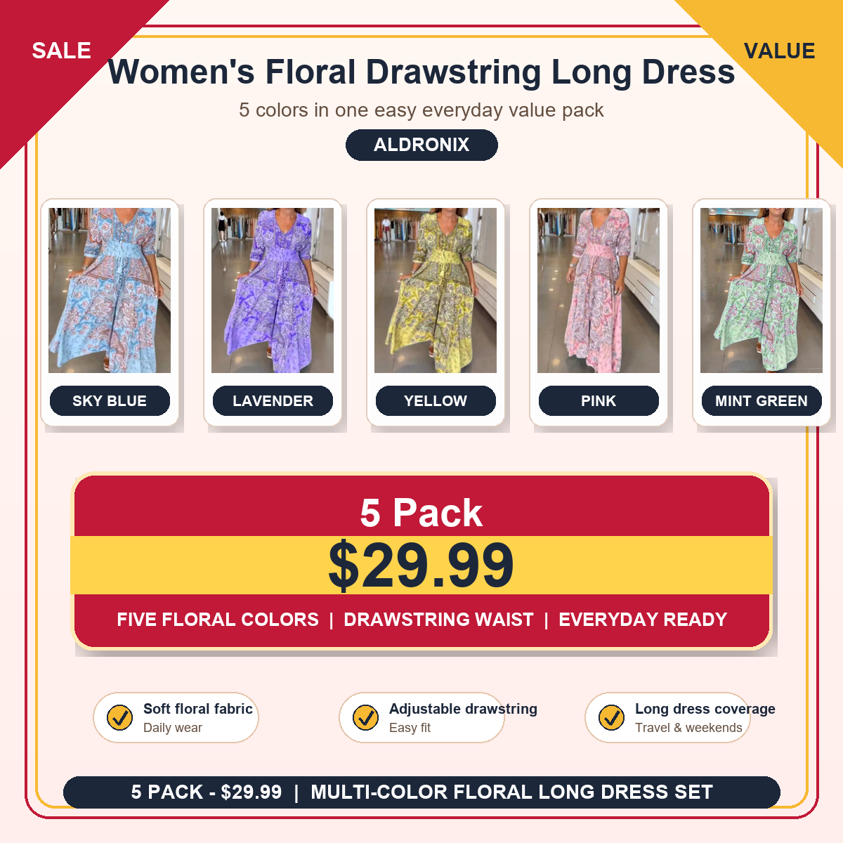Women’s Elegant Floral Drawstring Long Dress