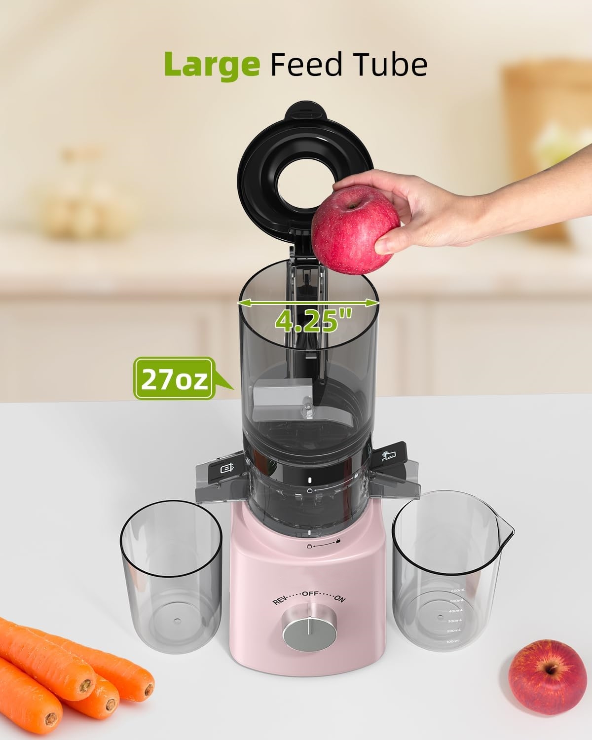 Cold Press Juicer with 8 Juice Bottles - Masticating Juicer Machines for Fruits and Veggies, 4.25" Large Feed Chute, Easy to Clean