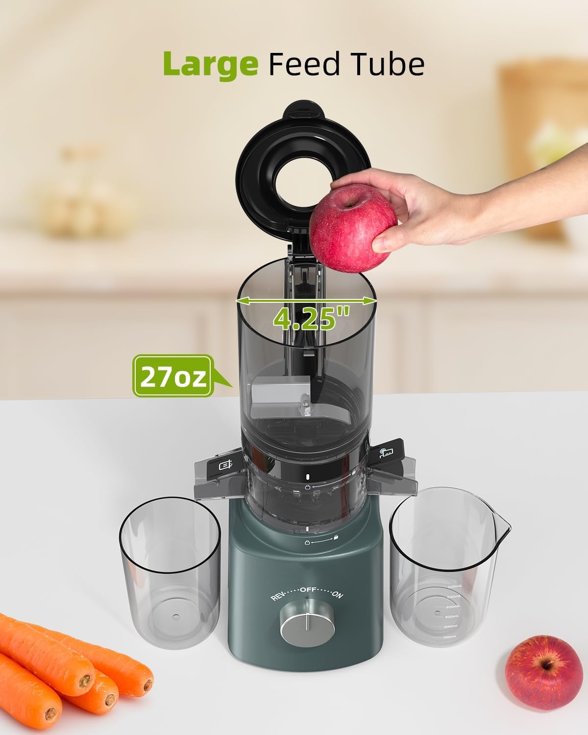 Cold Press Juicer with 8 Juice Bottles - Masticating Juicer Machines for Fruits and Veggies, 4.25" Large Feed Chute, Easy to Clean
