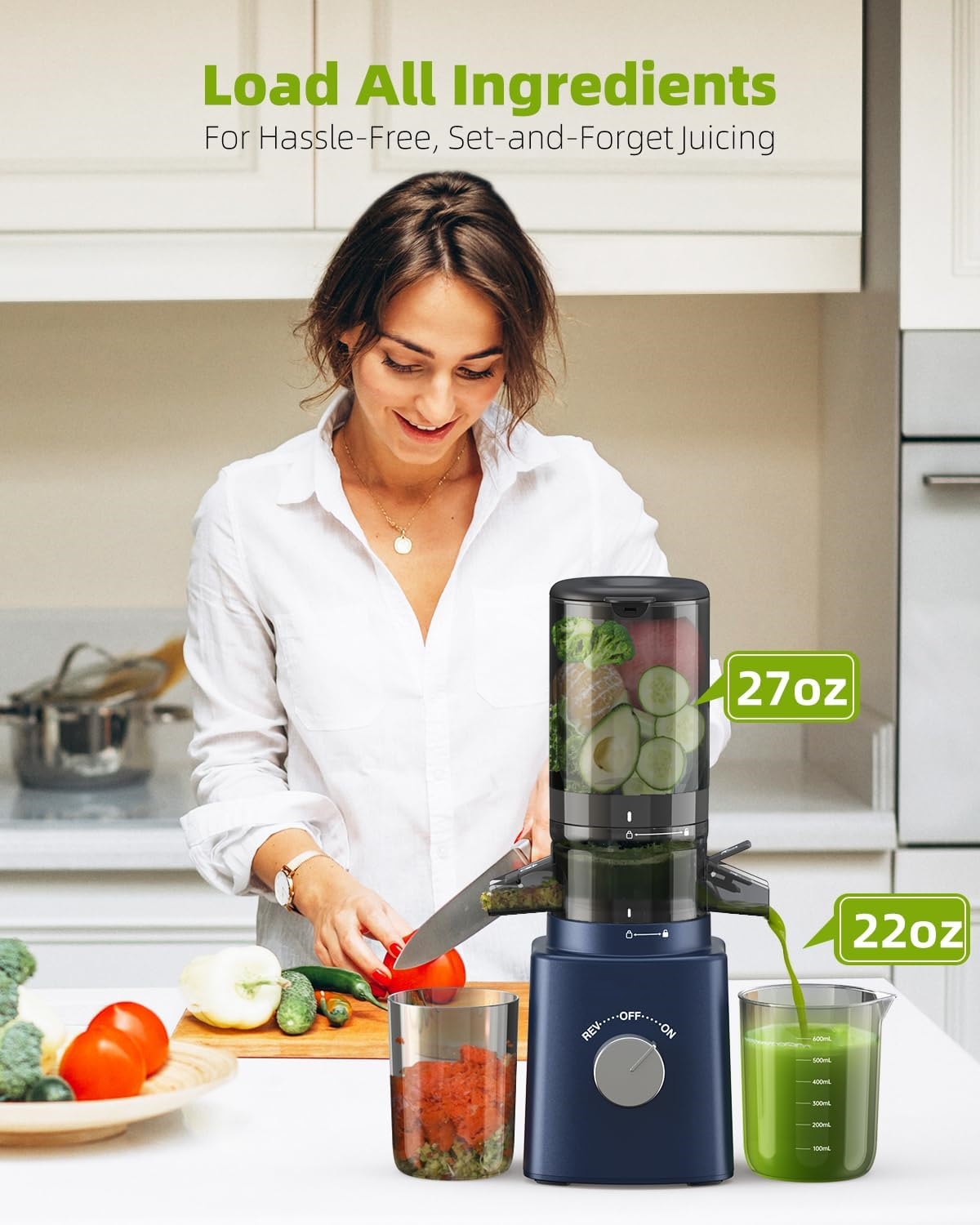 Cold Press Juicer with 8 Juice Bottles - Masticating Juicer Machines for Fruits and Veggies, 4.25" Large Feed Chute, Easy to Clean