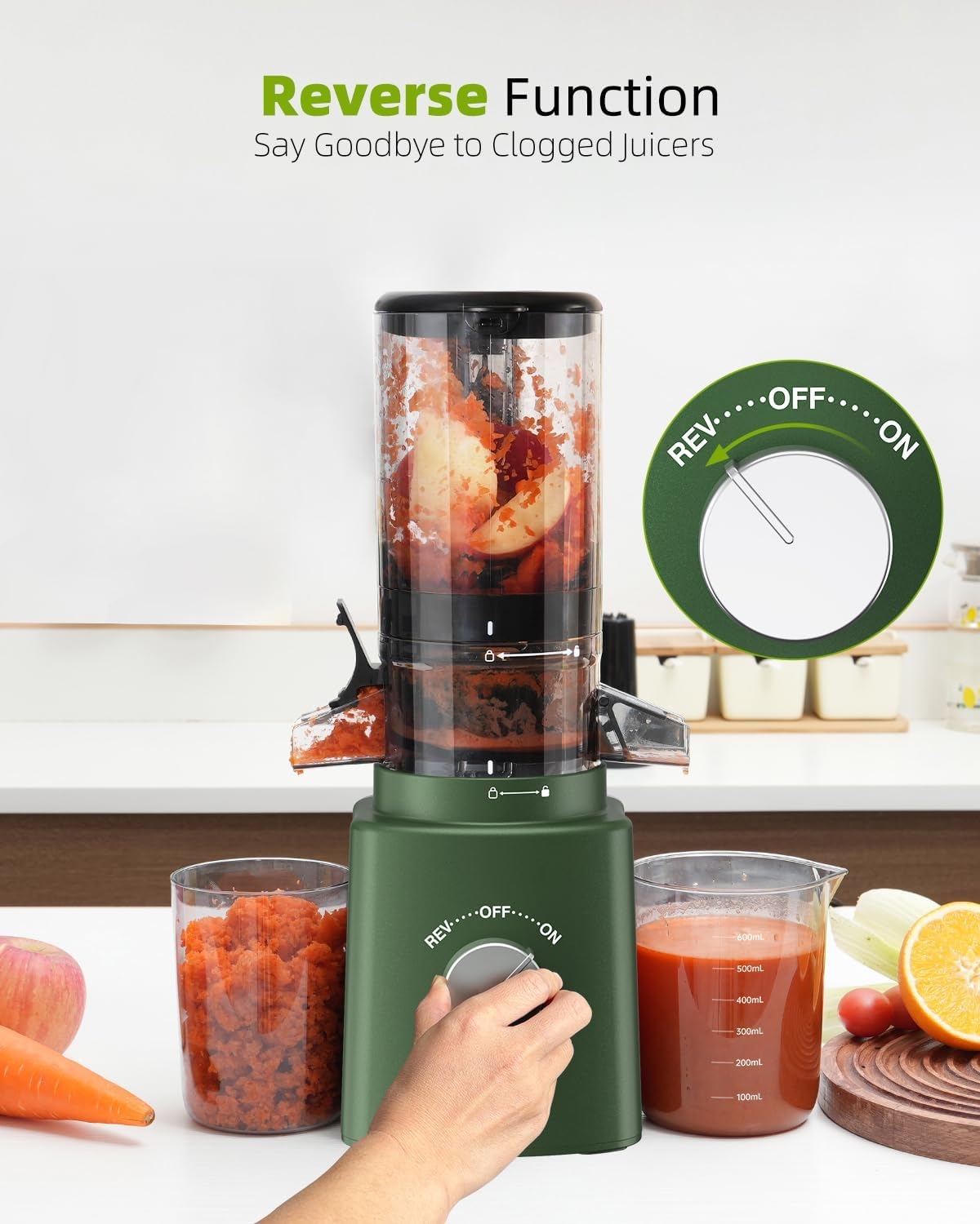 Cold Press Juicer with 8 Juice Bottles - Masticating Juicer Machines for Fruits and Veggies, 4.25" Large Feed Chute, Easy to Clean