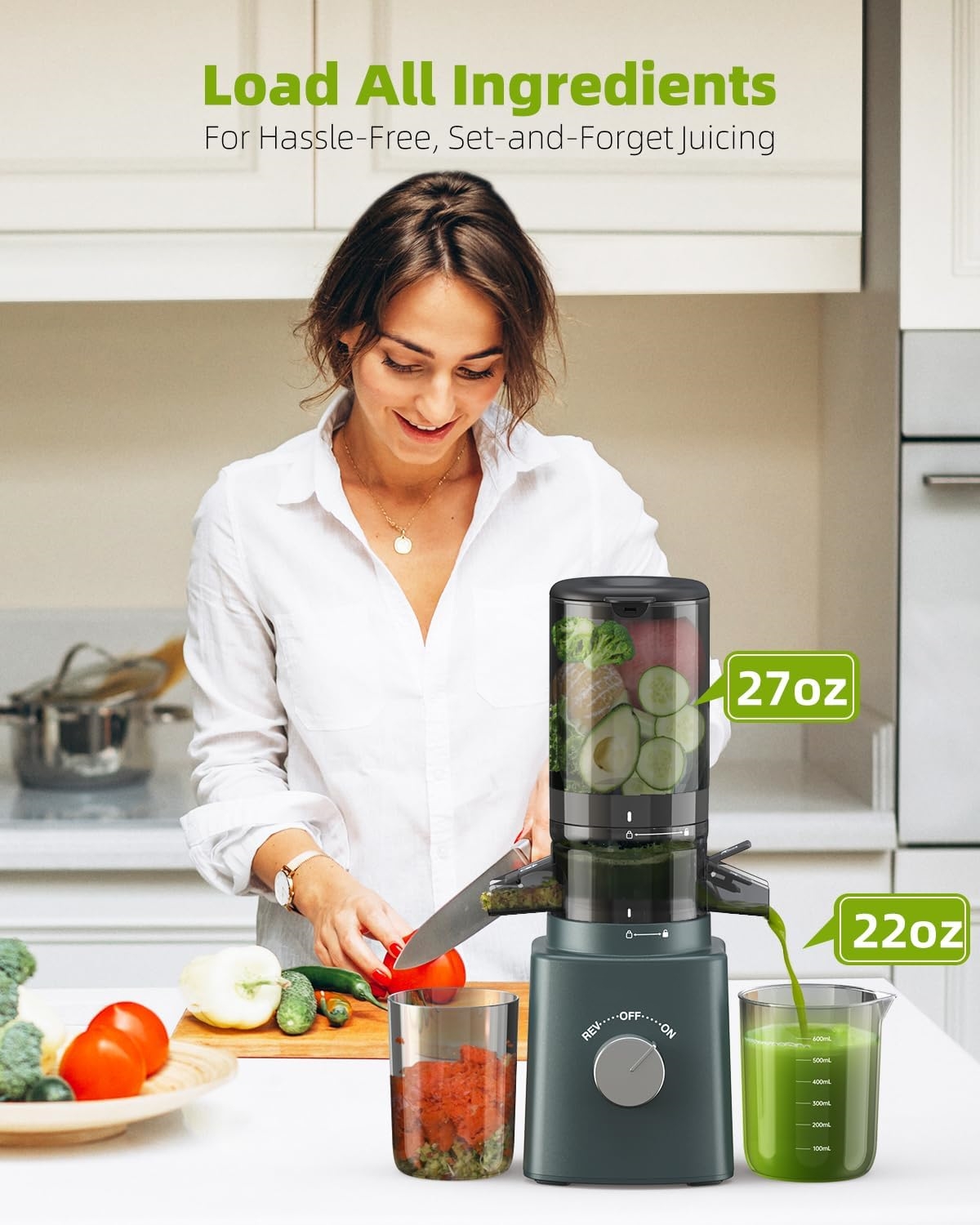 Cold Press Juicer with 8 Juice Bottles - Masticating Juicer Machines for Fruits and Veggies, 4.25" Large Feed Chute, Easy to Clean