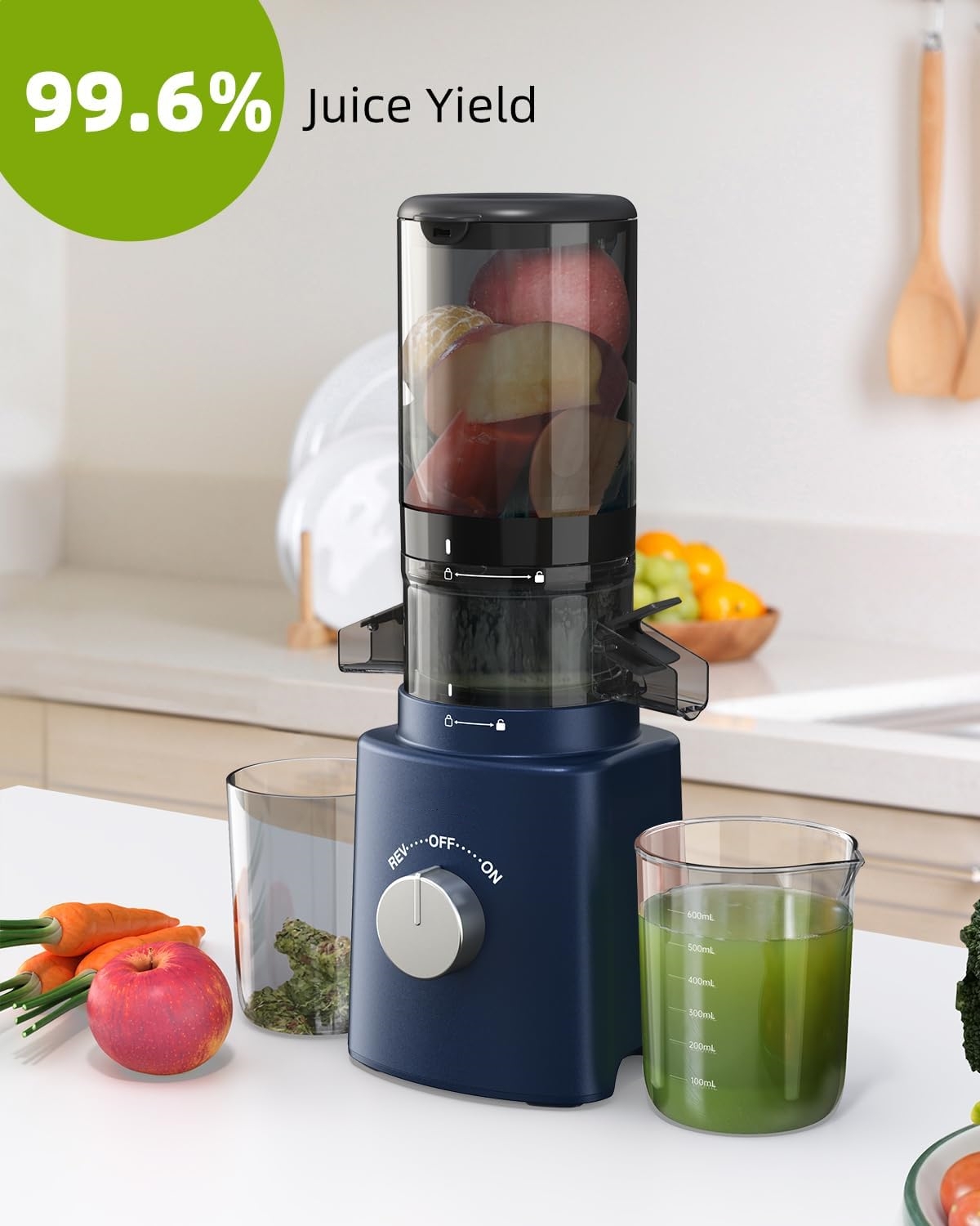 Cold Press Juicer with 8 Juice Bottles - Masticating Juicer Machines for Fruits and Veggies, 4.25" Large Feed Chute, Easy to Clean
