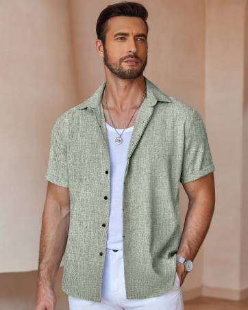 Men's Cotton Linen Short Sleeve Button Down Shirt description image 2