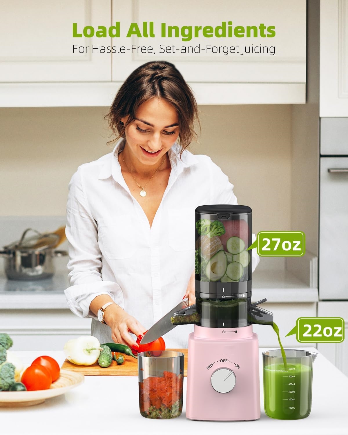 Cold Press Juicer with 8 Juice Bottles - Masticating Juicer Machines for Fruits and Veggies, 4.25" Large Feed Chute, Easy to Clean