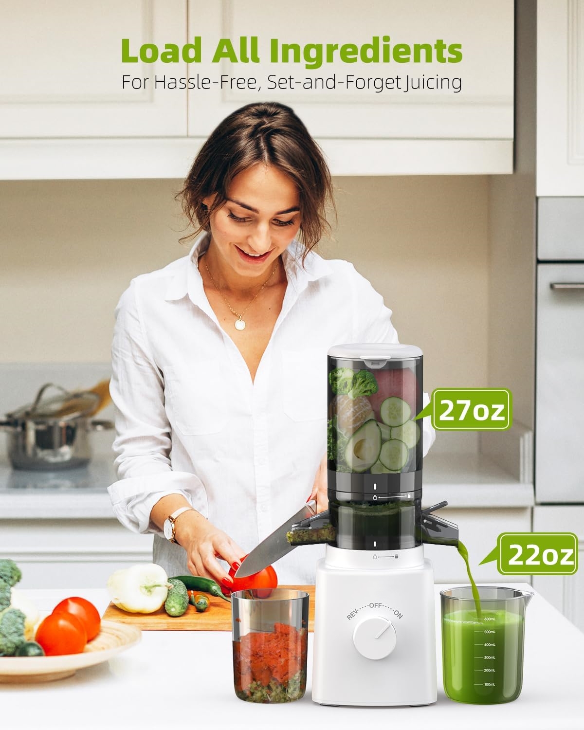 Cold Press Juicer with 8 Juice Bottles - Masticating Juicer Machines for Fruits and Veggies, 4.25" Large Feed Chute, Easy to Clean