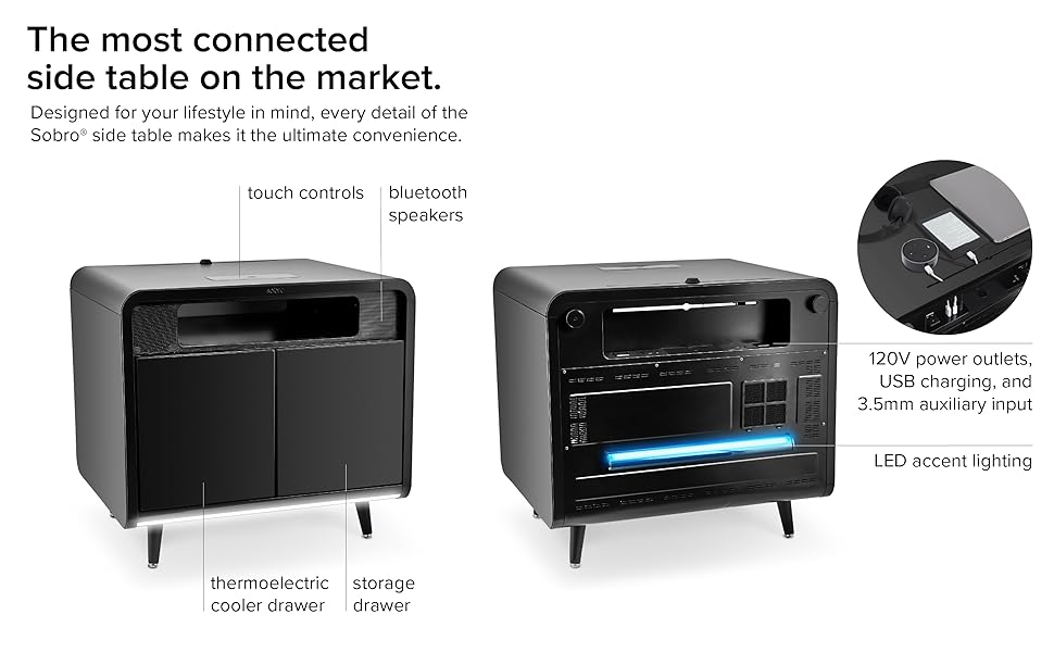 Sobro, side, table, usb, bluetooth, speakers, usb-c, charging, chiller