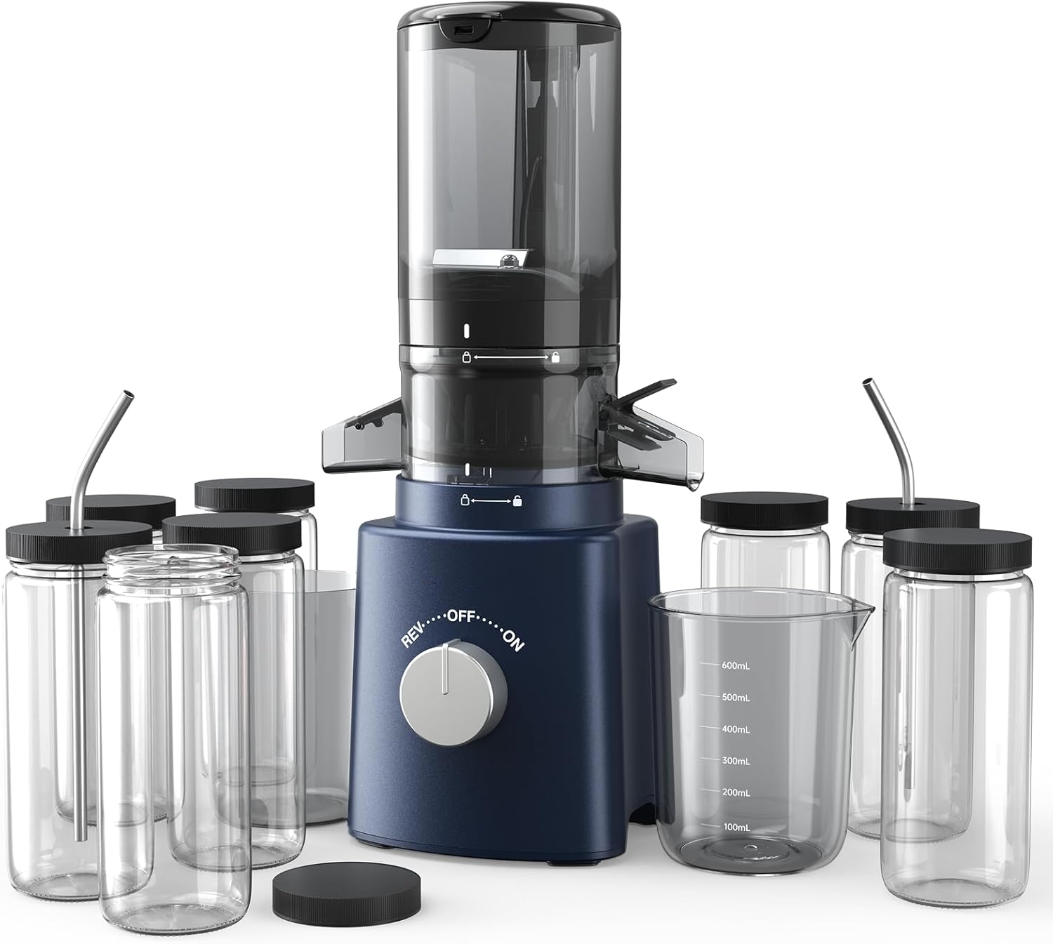 Cold Press Juicer with 8 Juice Bottles - Masticating Juicer Machines for Fruits and Veggies, 4.25" Large Feed Chute, Easy to Clean