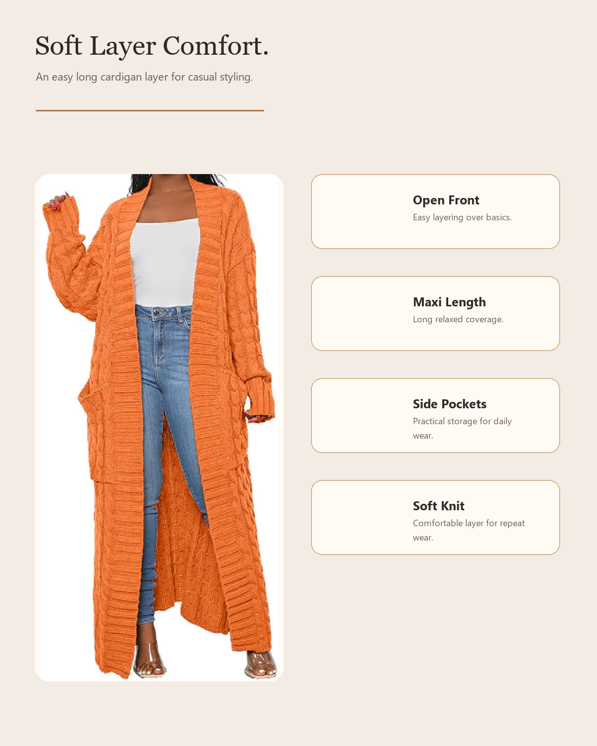 Womens Thin Stylish Cable Knit Dual Extra Long Maxi Cardigan with 2-Pockets product detail image 1