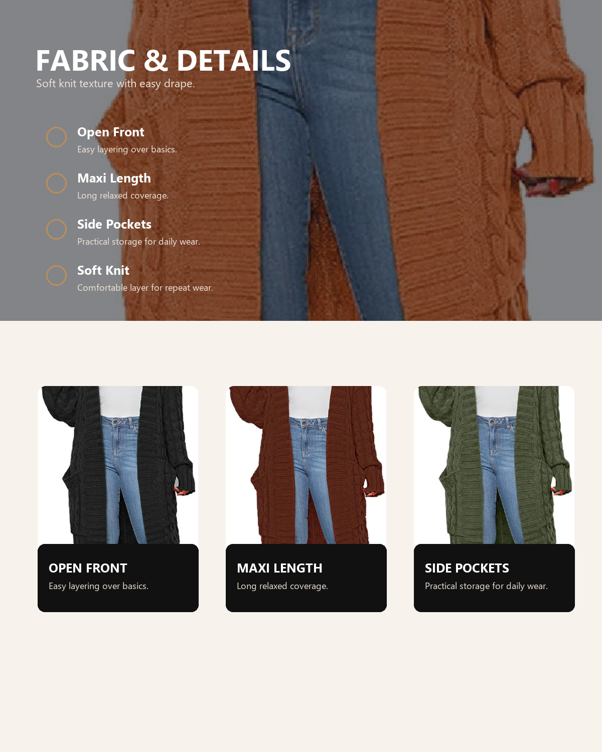 Womens Thin Stylish Cable Knit Dual Extra Long Maxi Cardigan with 2-Pockets product detail image 3