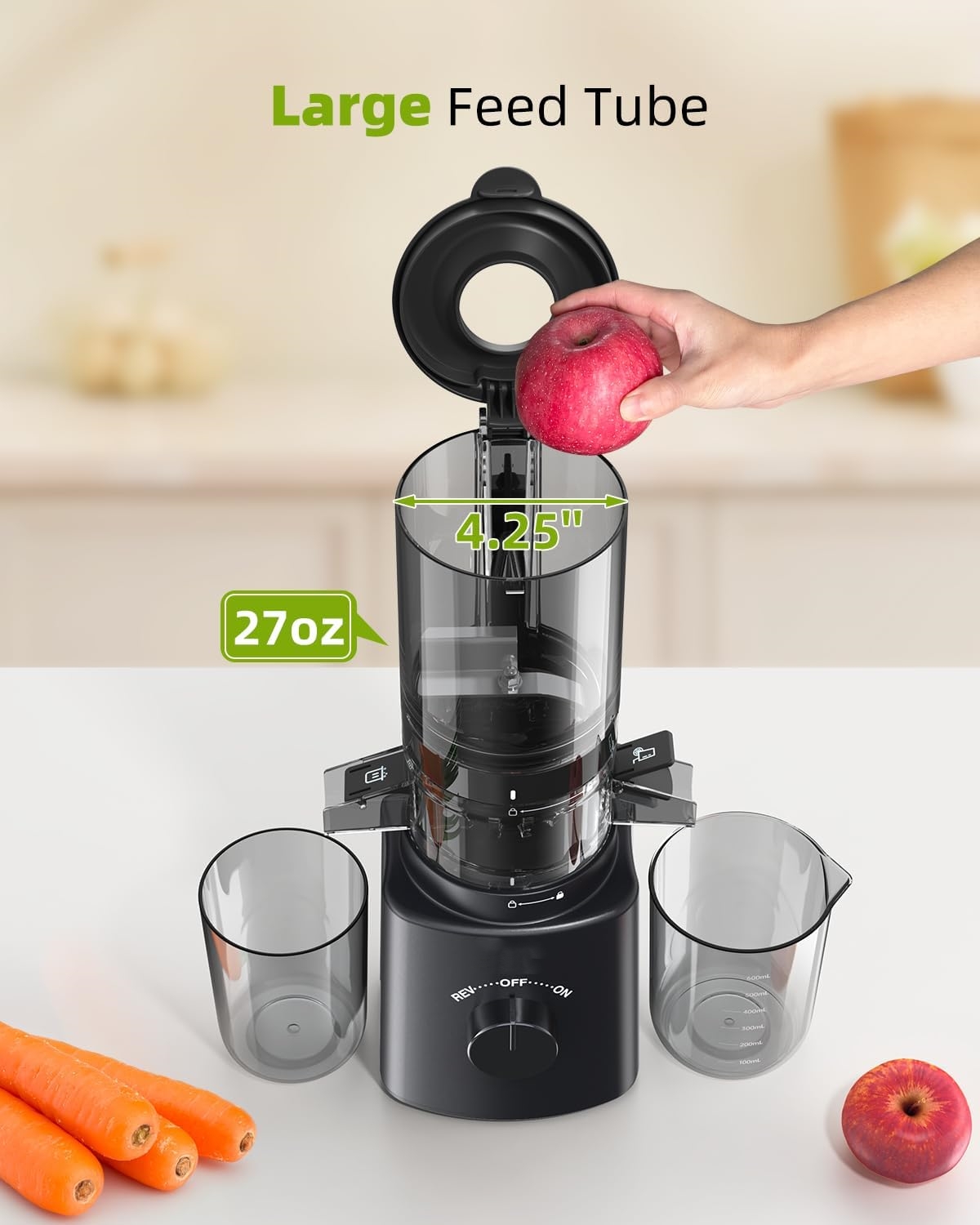 Cold Press Juicer with 8 Juice Bottles - Masticating Juicer Machines for Fruits and Veggies, 4.25" Large Feed Chute, Easy to Clean