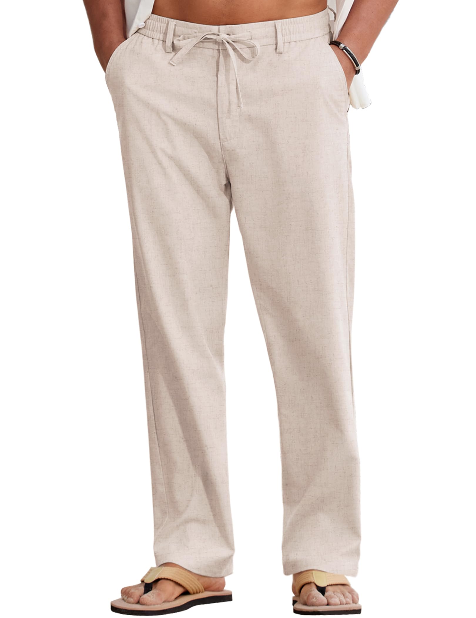 COOFANDY Men Cotton Linen Drawstring Pants Casual Lightweight Summer Beach Pants - Linen Khaki