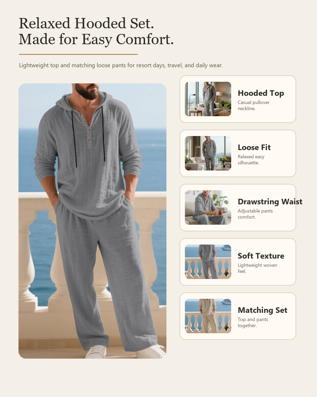 Men's hooded casual 2-piece set product detail image