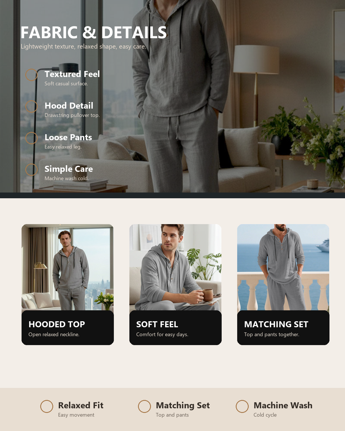 Men's hooded casual 2-piece set fabric details image