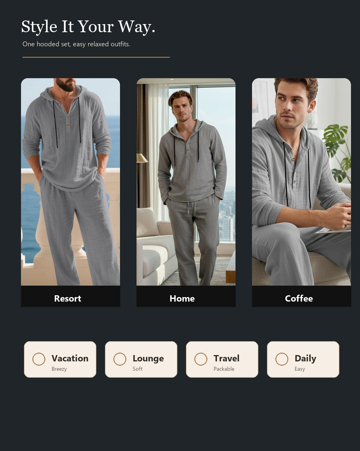 Men's hooded casual 2-piece set styling image