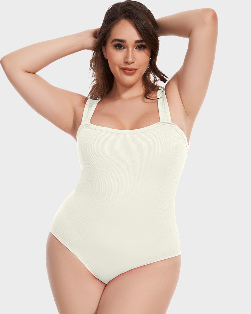 Women's ribbed square neck tummy control bodysuit 3-pack in Beige
