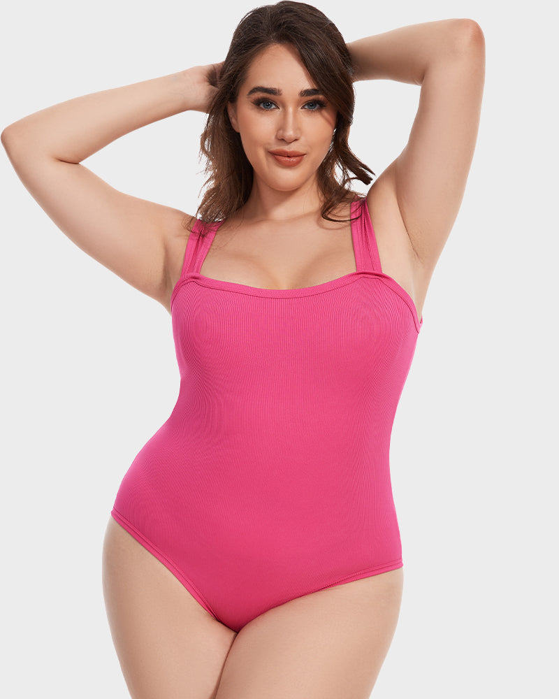 Women's ribbed square neck tummy control bodysuit 3-pack in Rose Red