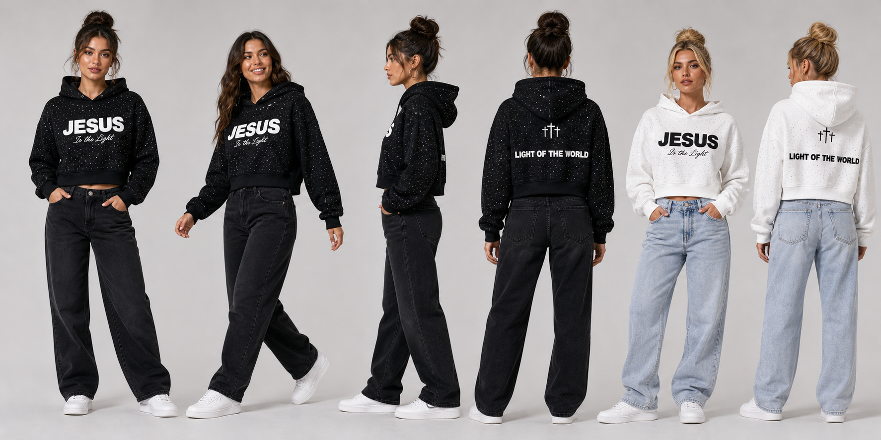 AI generated model scene collage for Jesus is The Light Rhinestone Hoodie