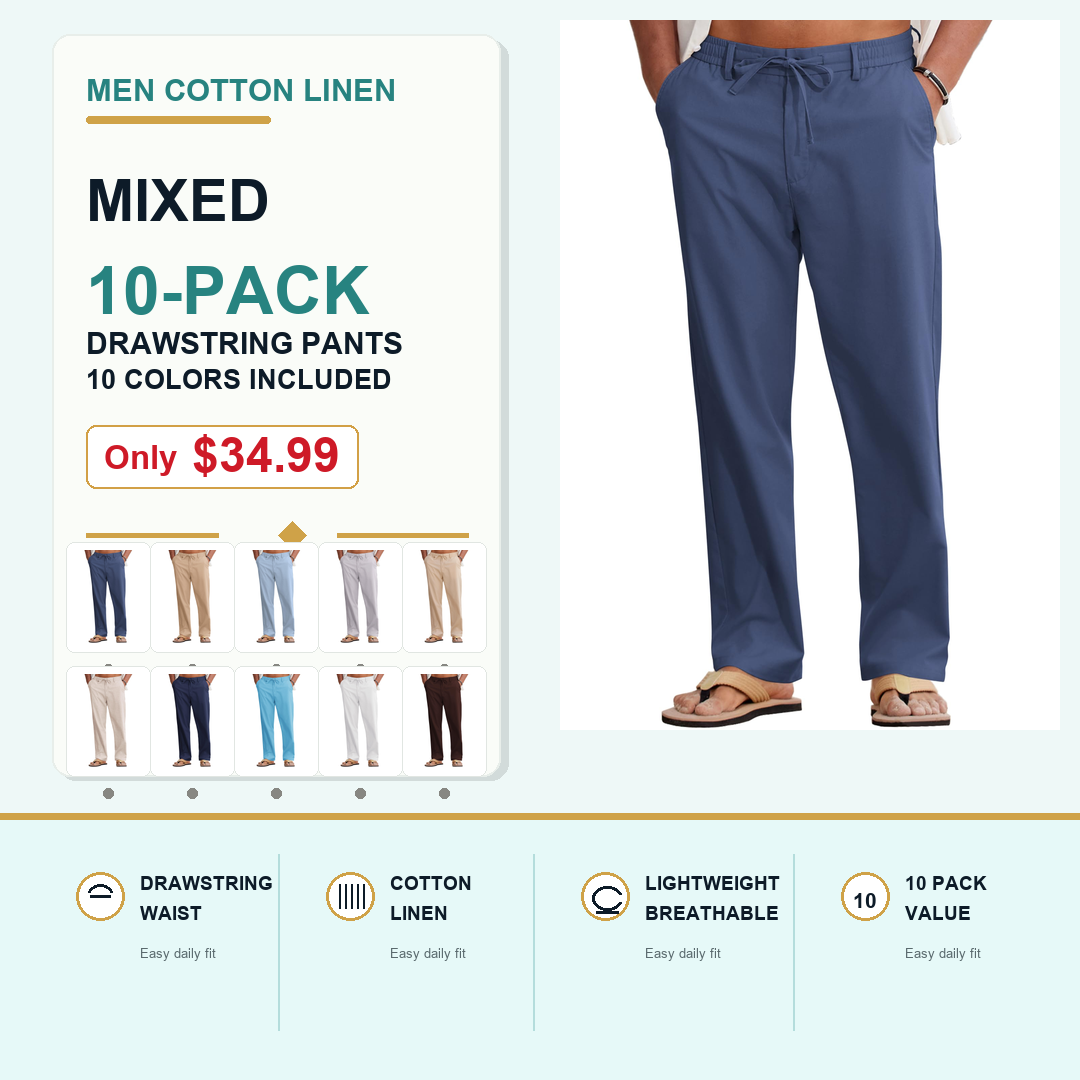 Men Cotton Linen Drawstring Pants Casual Lightweight Summer Beach Pants
