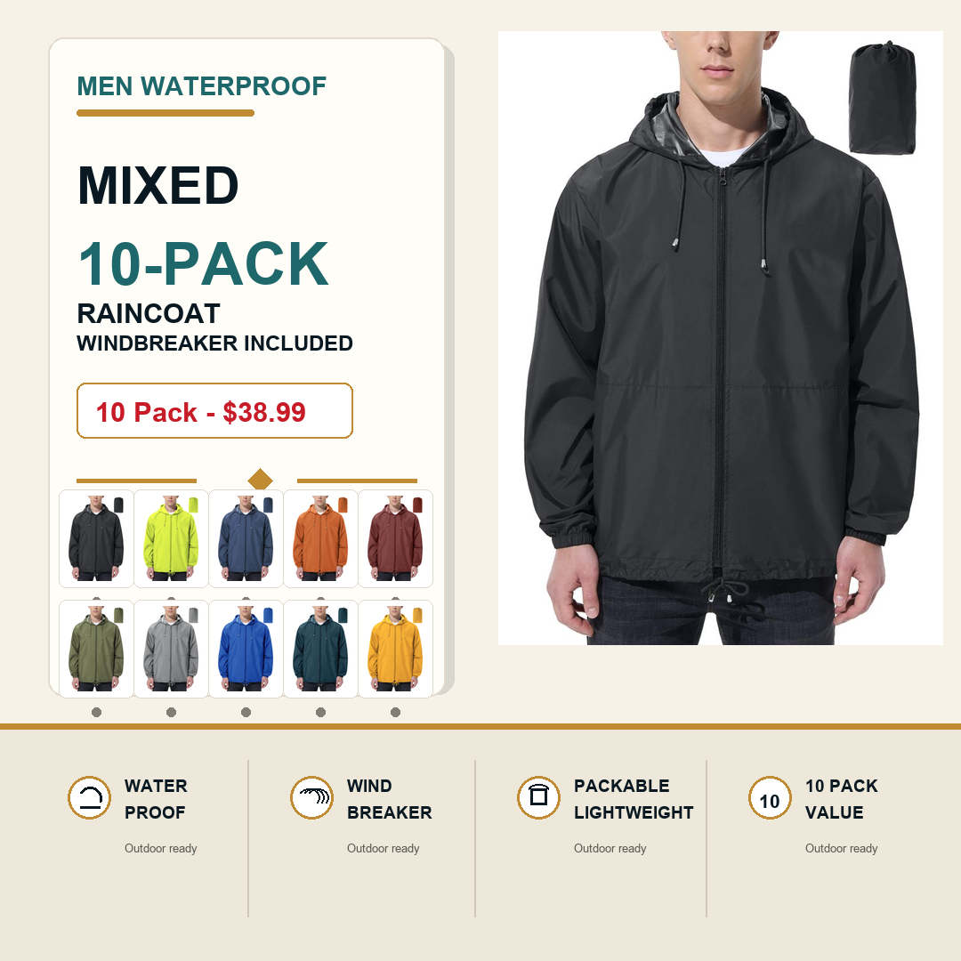 Men Waterproof Raincoat Windbreaker Lightweight Packable Rain Jacket