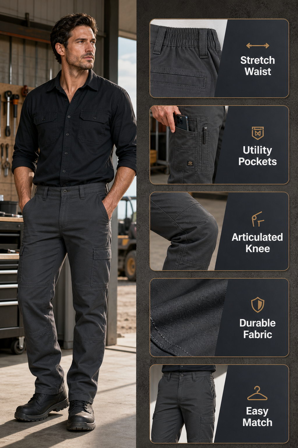 Men's Tech Work Pants with 7 Pockets AI product detail infographic
