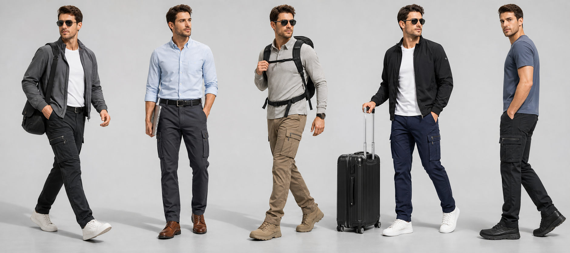 Men's Tech Work Pants with 7 Pockets AI lifestyle scene collage
